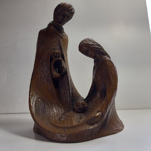 Holy Family Religious Woodgrain Statuette Vintage Resin Dk. Mid Century 1960s - Picture 2 of 9
